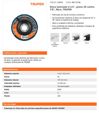 Disco laminado de 4-1/2" grano 40 con centro 7/8"