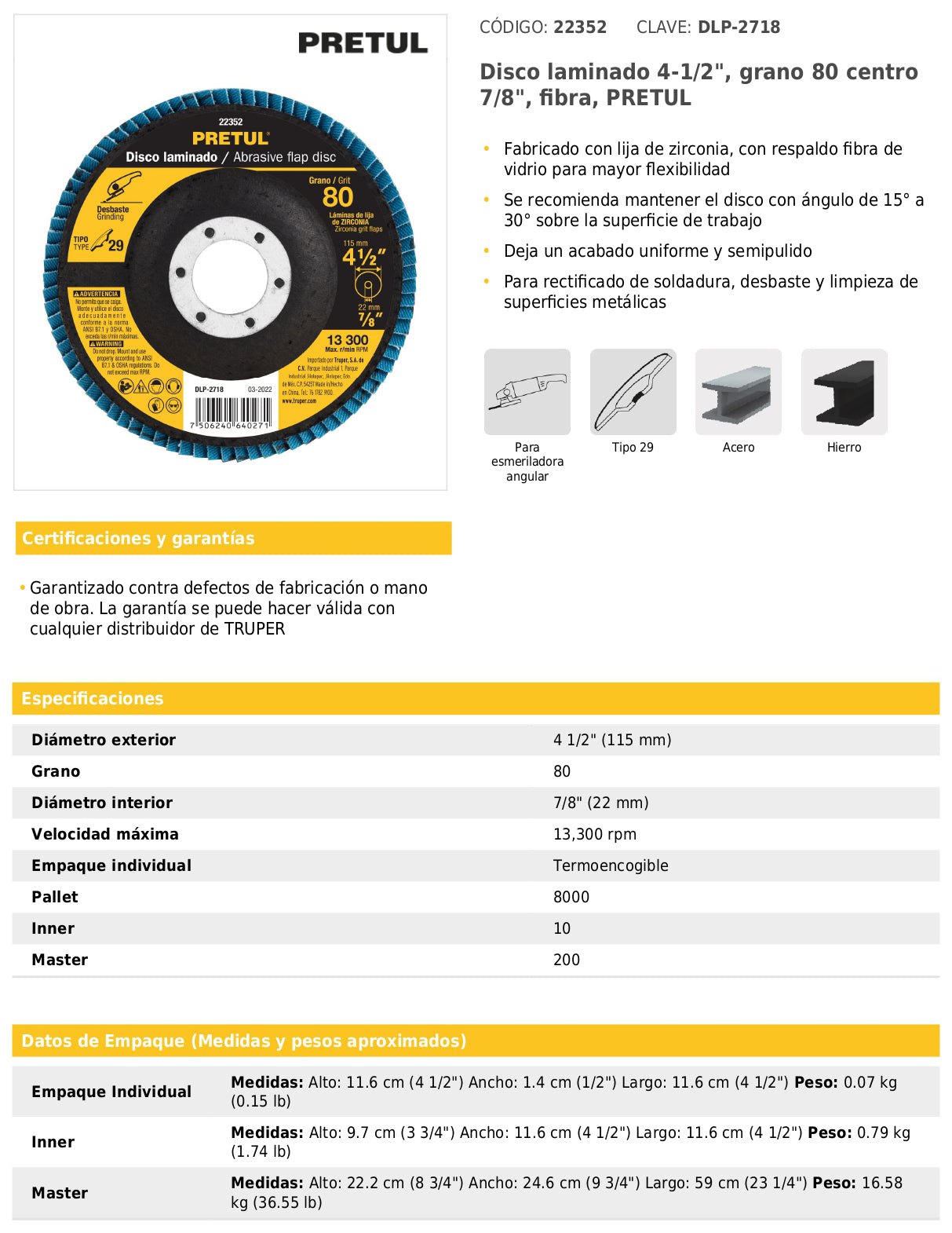 Disco laminado de 4-1/2" grano 80 con centro 7/8"