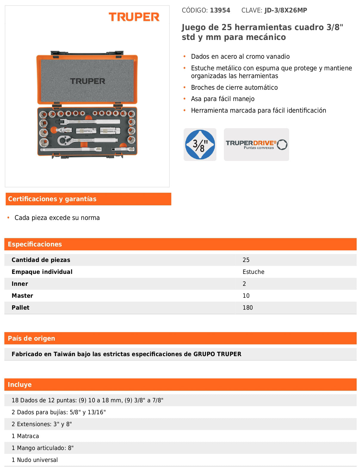 Juego de 25 herramientas mecánicas cuadro 3/8 en estándar y milimétrico