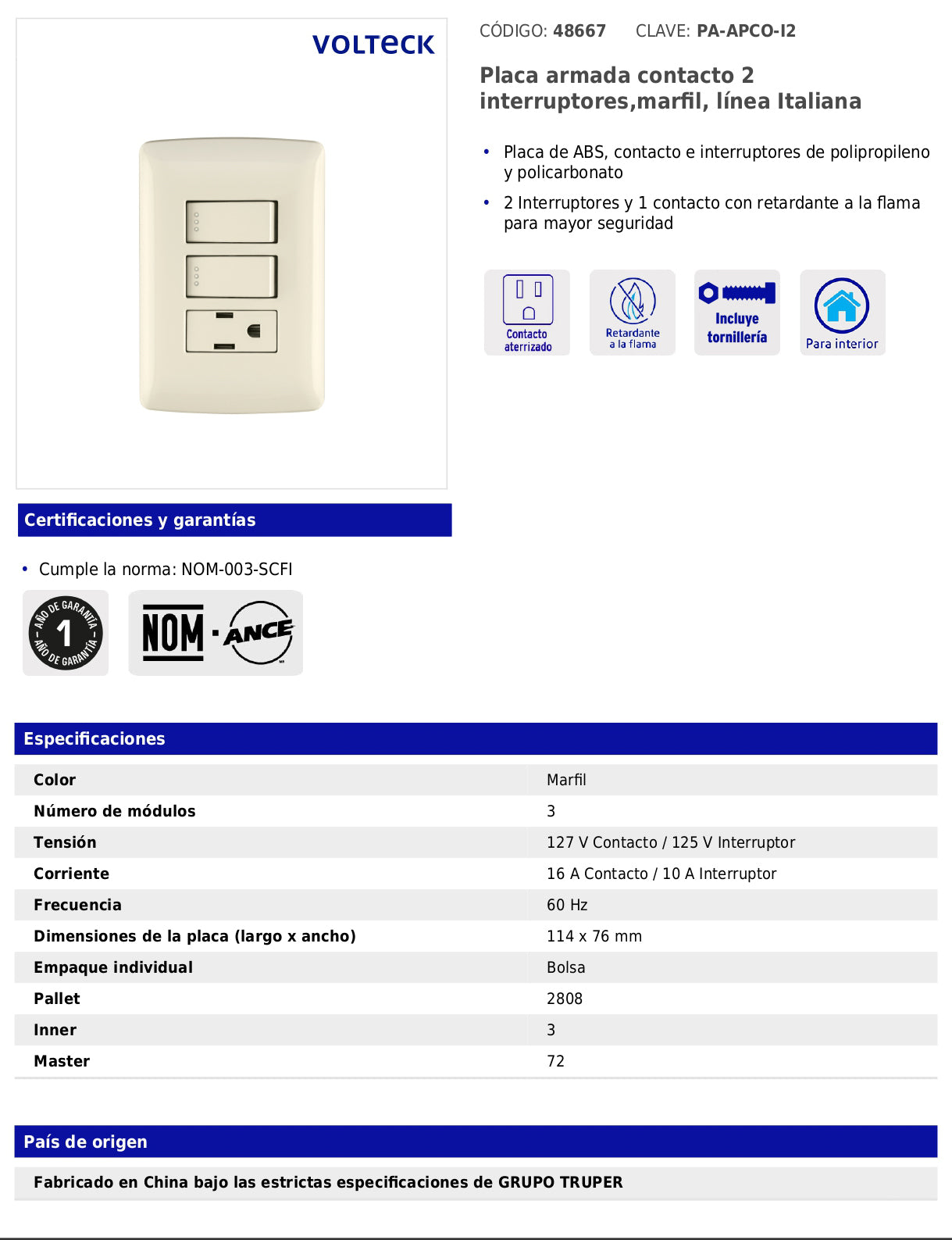 Placa armada con contacto y 2 interruptores de 127 V y 16 A con placa marfil