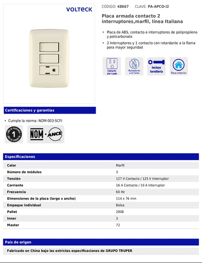 Placa armada con contacto y 2 interruptores de 127 V y 16 A con placa marfil