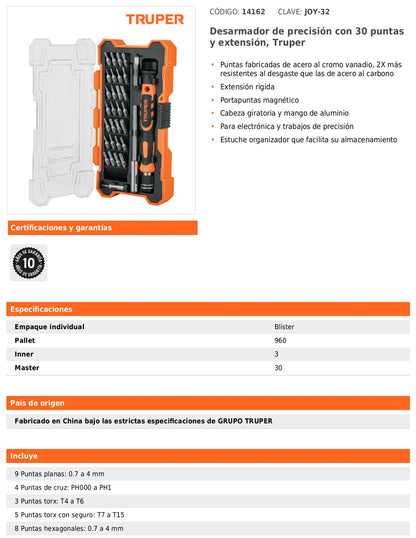 Desarmador de precisión con 30 puntas y extensión