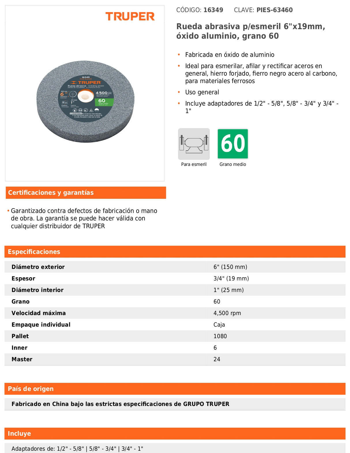 Rueda abrasiva para esmeril de 6" con grano 60