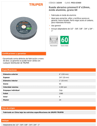 Rueda abrasiva para esmeril de 6" con grano 60