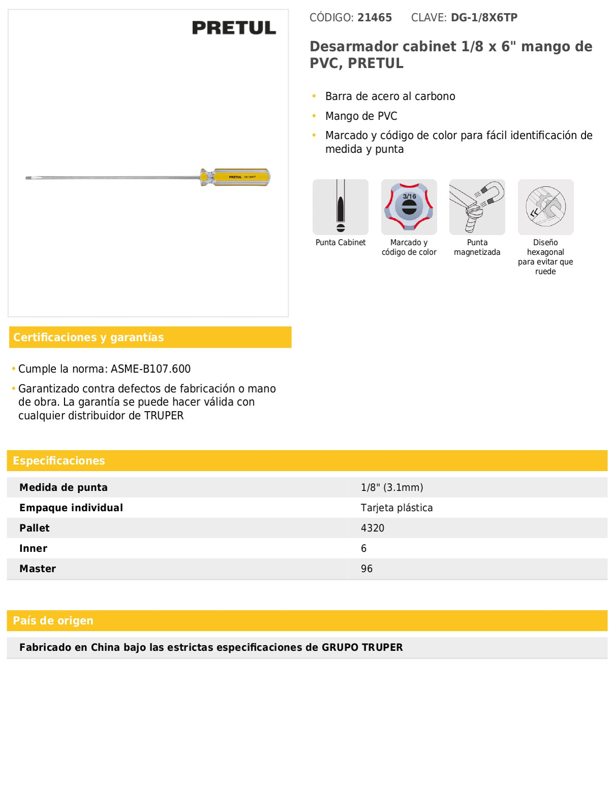 Desarmador cabinet 1/8 x 6 pulgadas con mango de PVC