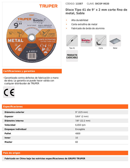 Disco Tipo 41 de 9 in para corte fino de metal