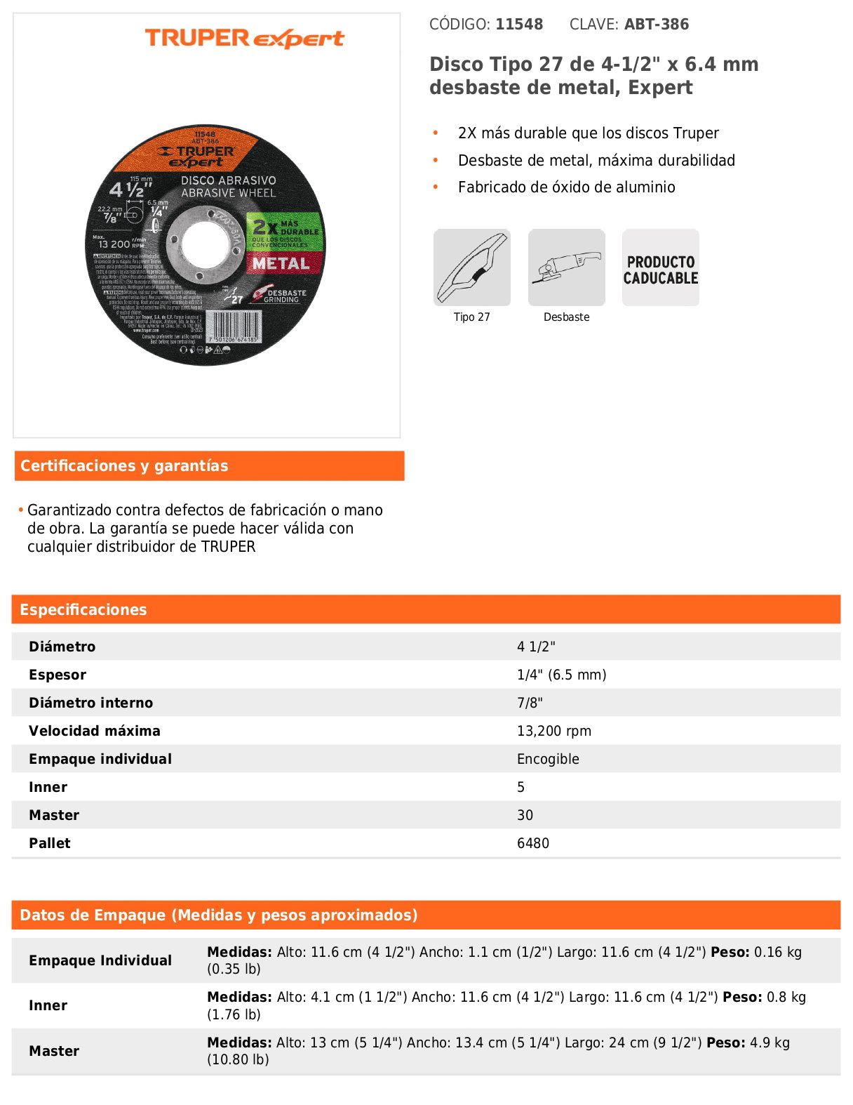 Disco tipo 27 de 4-1/2" para desbaste de metal con espesor 6.4 mm