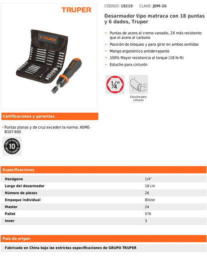 Desarmador tipo matraca con 18 puntas y 6 dados