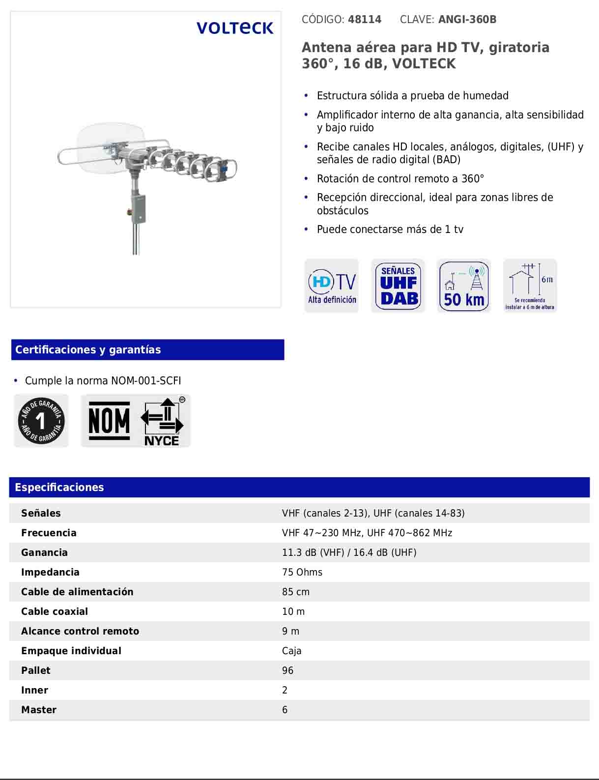 Antena aérea giratoria para HD TV de 360° y 16 dB