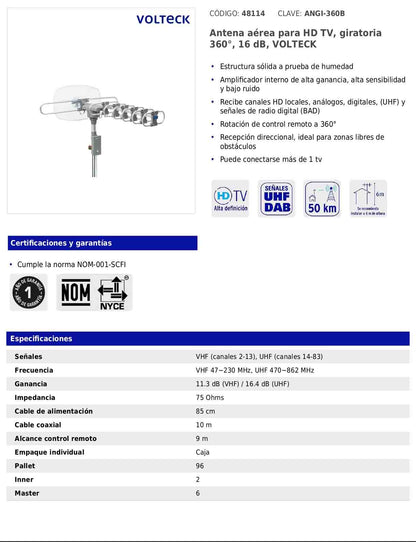 Antena aérea giratoria para HD TV de 360° y 16 dB