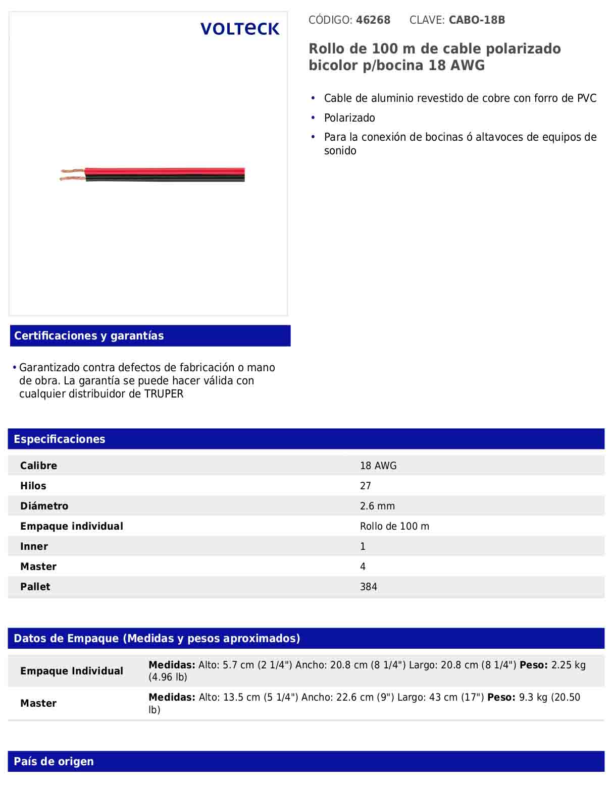 Rollo de 100 m de cable polarizado bicolor para bocina 18 AWG