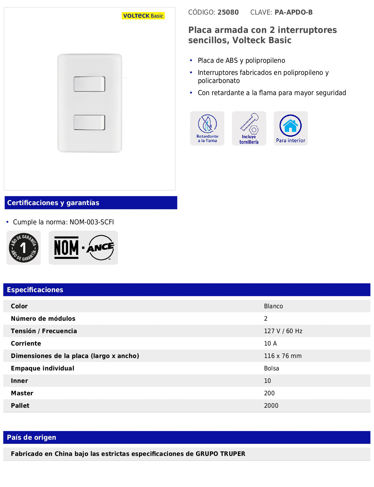 Placa armada con 2 interruptores sencillos de línea Basic