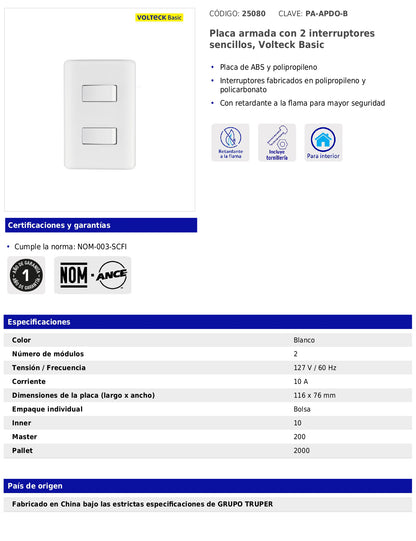 Placa armada con 2 interruptores sencillos de línea Basic