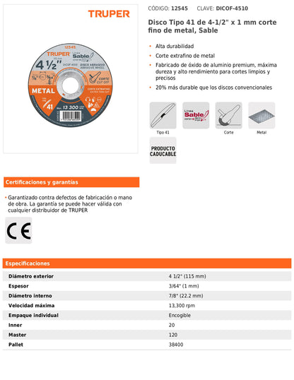 Disco Tipo 41 de 4 1/2 in para corte fino de metal