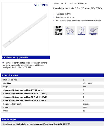 Canaleta de 1 vía de 10 × 20 mm con largo de 2 m