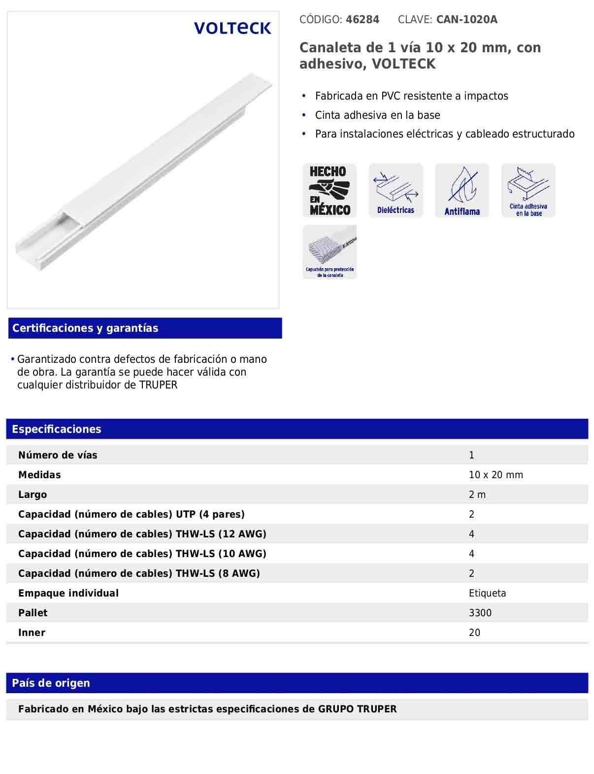Canaleta de 1 vía de 10 × 20 mm con adhesivo y largo de 2 m
