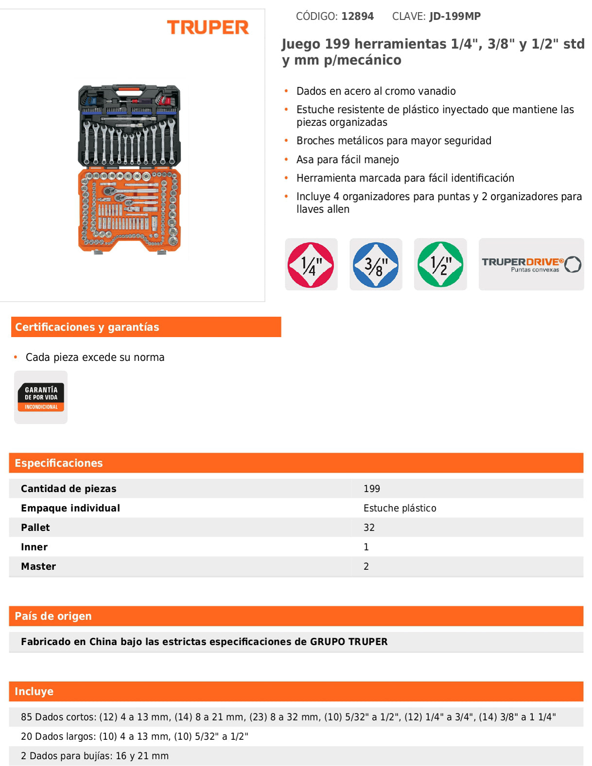 Juego de 199 herramientas mecánicas 1/4 3/8 y 1/2 en estándar y milimétrico