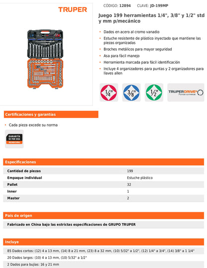 Juego de 199 herramientas mecánicas 1/4 3/8 y 1/2 en estándar y milimétrico