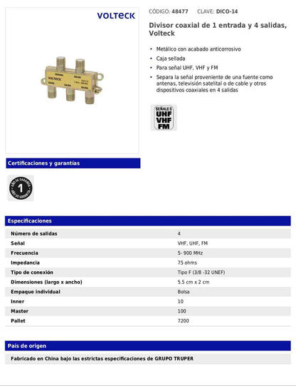 Divisor coaxial de 1 entrada y 4 salidas