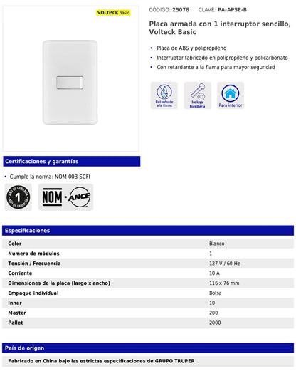Placa armada con interruptor sencillo de línea Basic