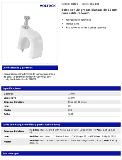 Bolsa con 20 grapas blancas de 12 mm para cable redondo