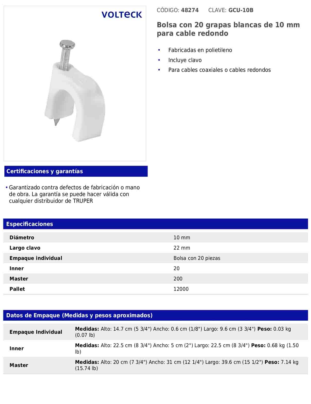 Bolsa con 20 grapas blancas de 10 mm para cable redondo