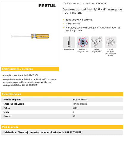 Desarmador cabinet 3/16 x 4 pulgadas con mango de PVC