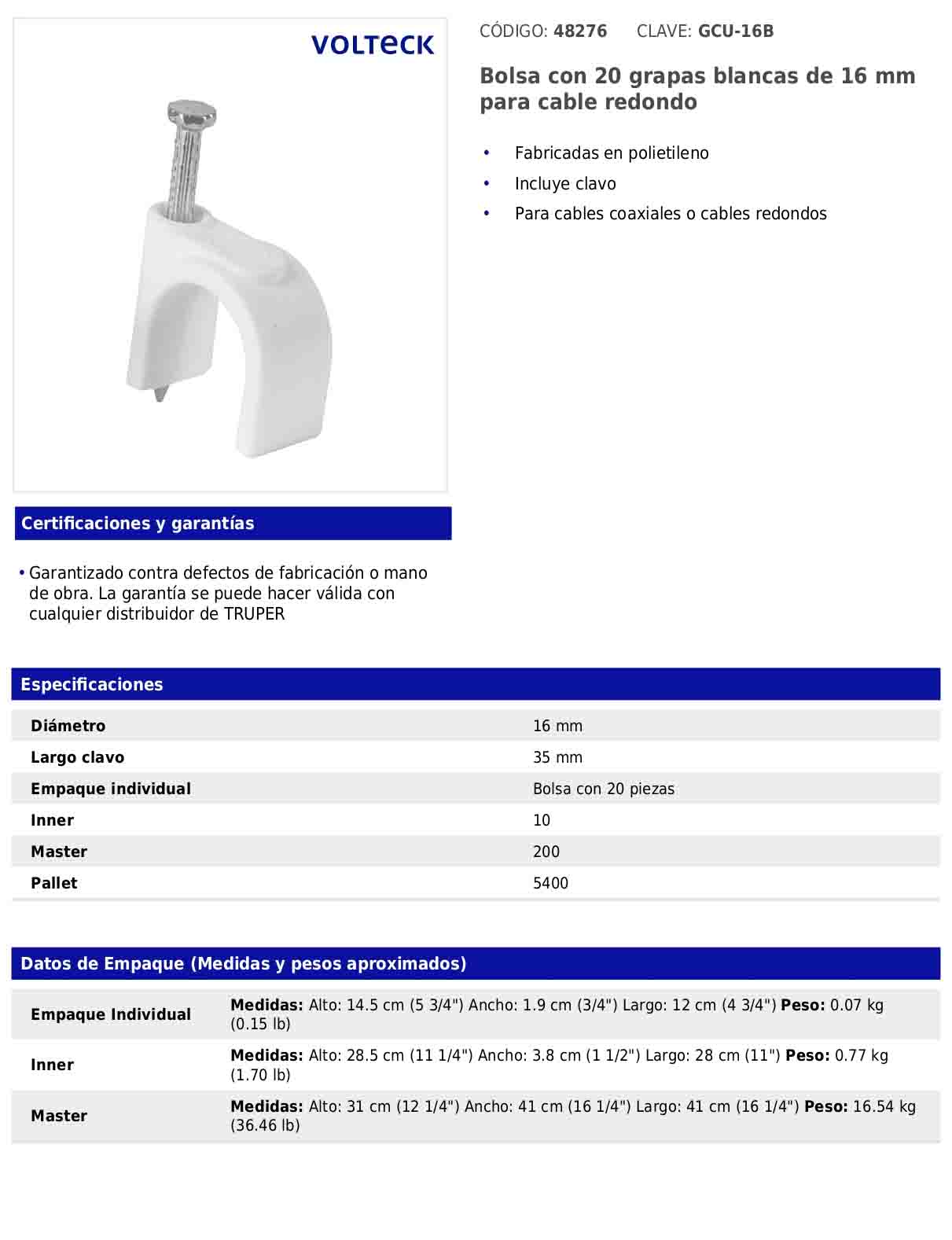 Bolsa con 20 grapas blancas de 16 mm para cable redondo