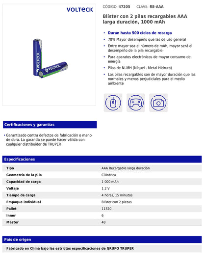 Blíster con 2 pilas recargables AAA de larga duración de 1000 mAh