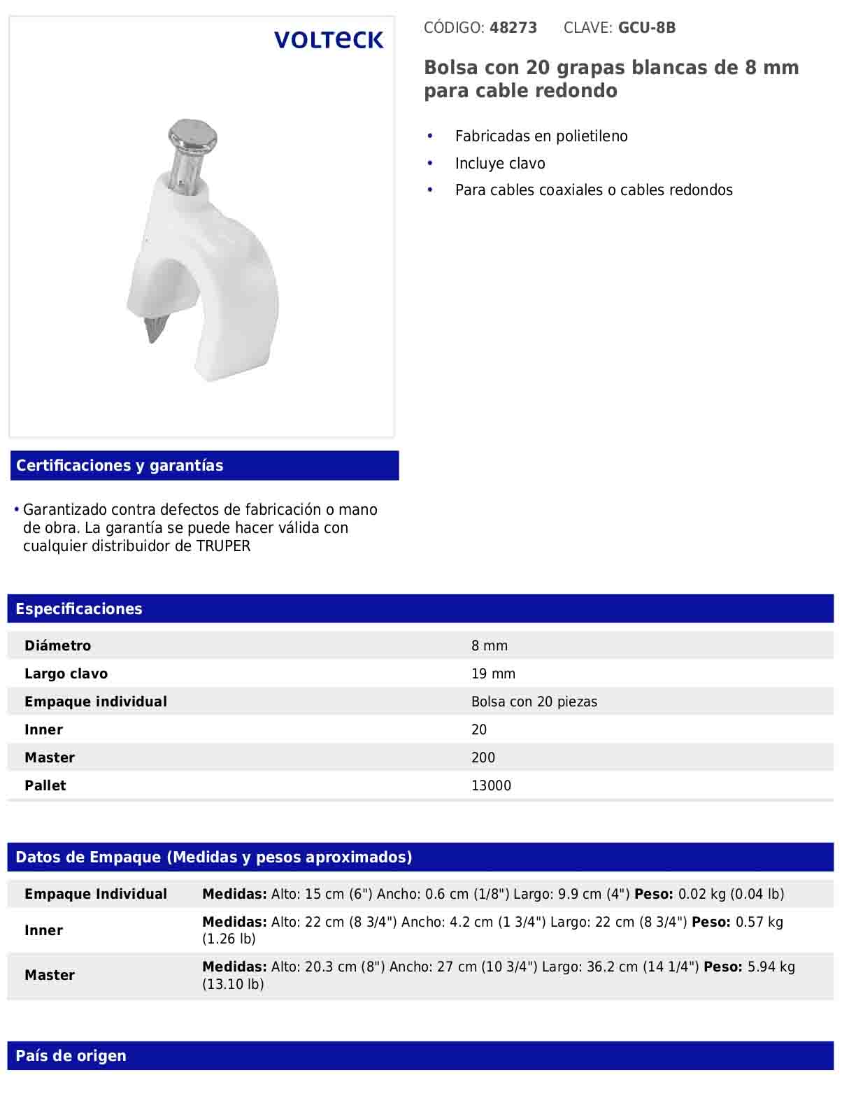Bolsa con 20 grapas blancas de 8 mm para cable redondo