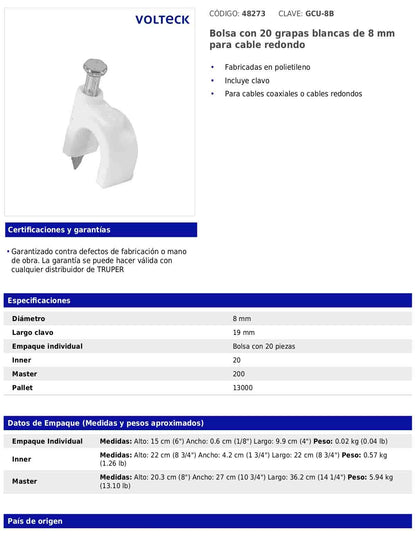 Bolsa con 20 grapas blancas de 8 mm para cable redondo