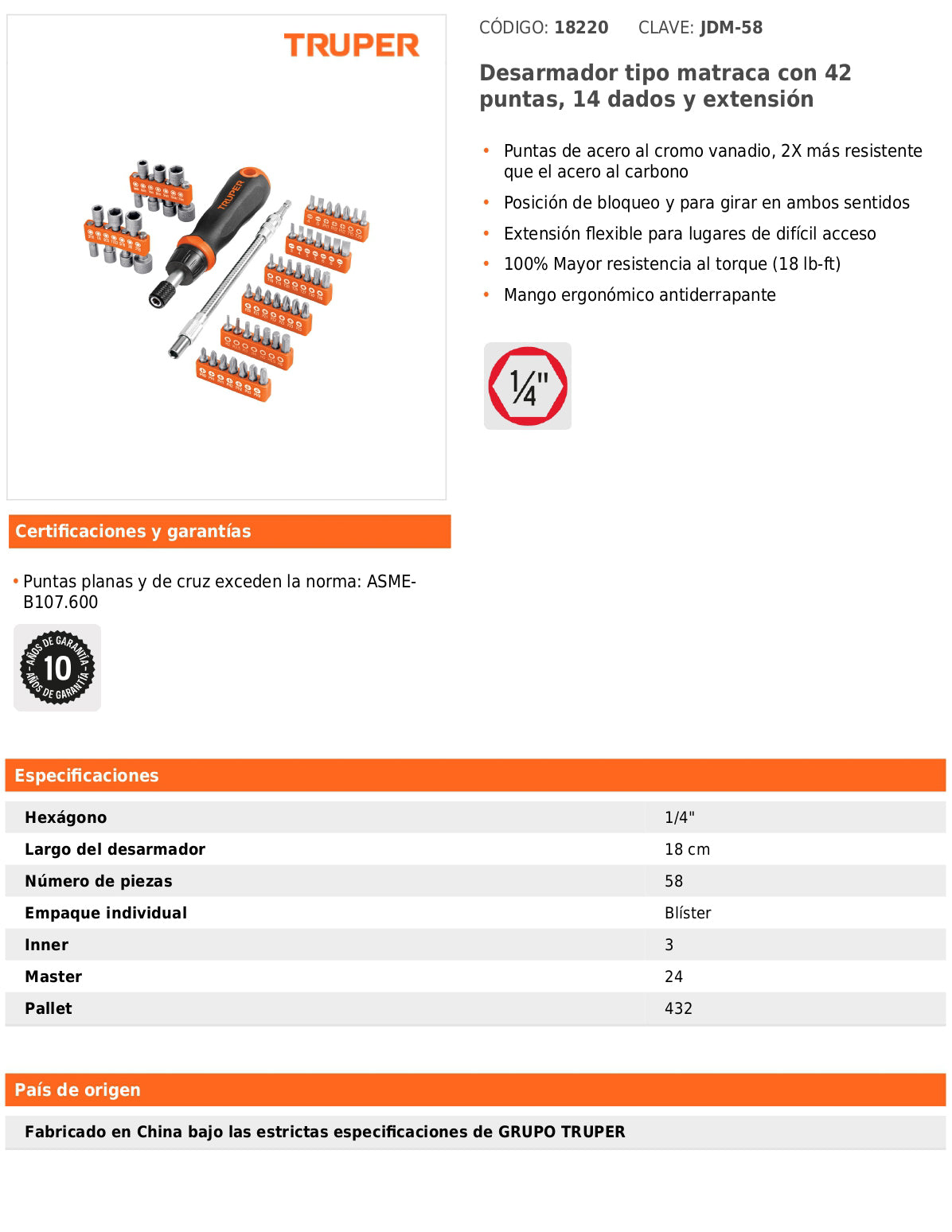 Desarmador tipo matraca con 42 puntas 14 dados y extensión