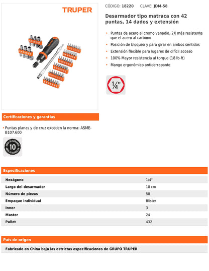 Desarmador tipo matraca con 42 puntas 14 dados y extensión
