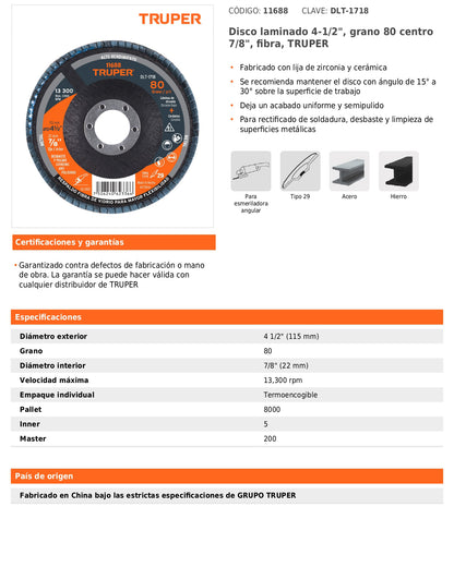 Disco laminado de 4-1/2" grano 80 con centro 7/8"