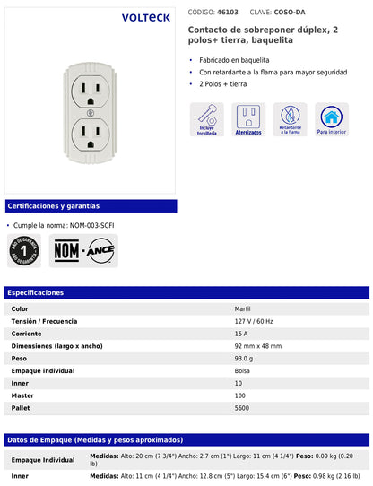 Contacto de sobreponer dúplex de 2 polos con tierra