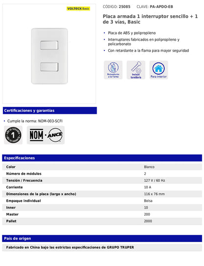 Placa armada con interruptor sencillo y interruptor de 3 vías de línea Basic