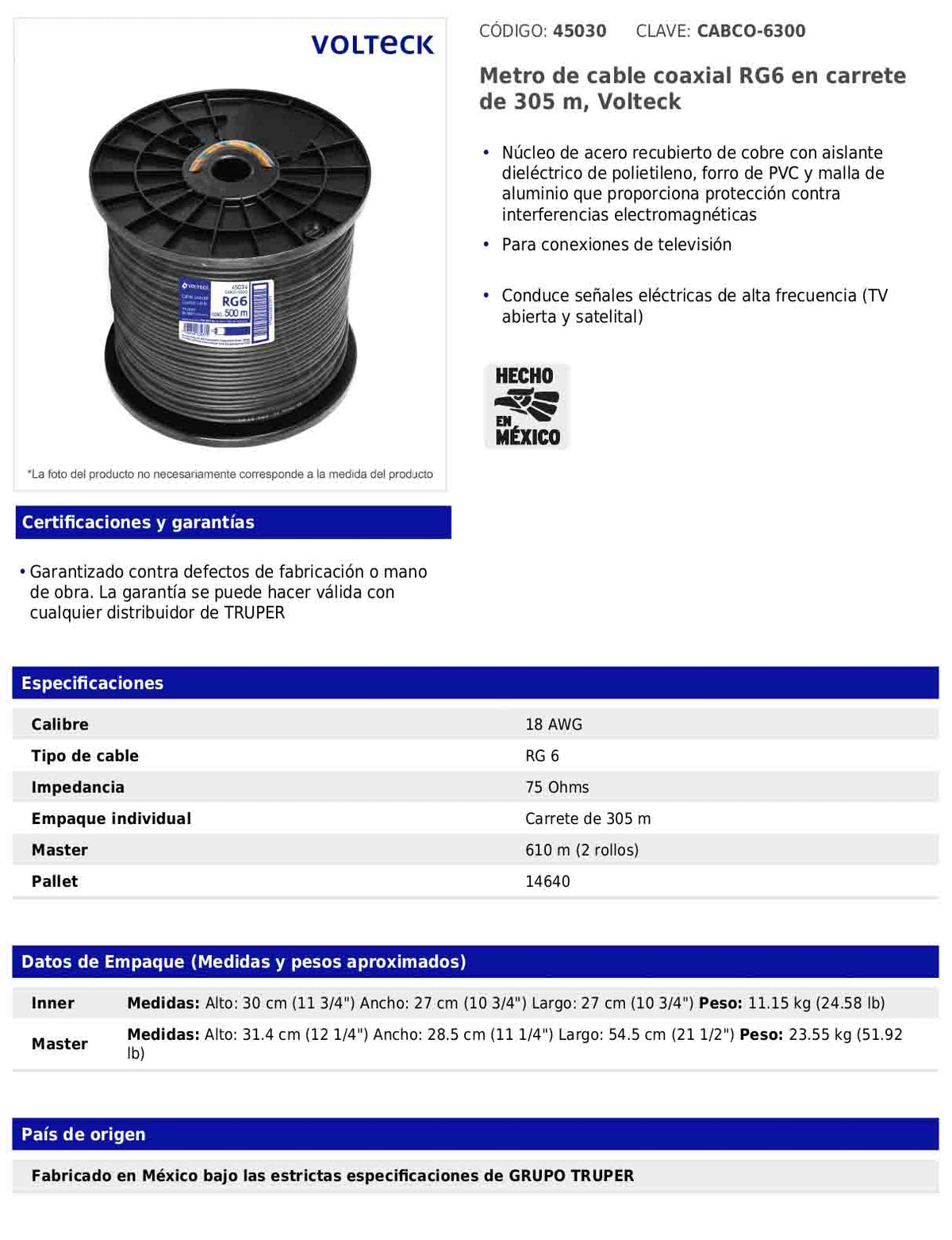 Metro de cable coaxial RG6 en carrete de 305 m