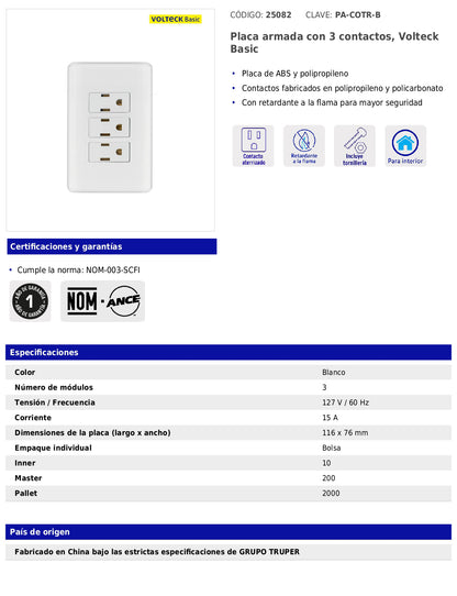 Placa armada con 3 contactos de línea Basic