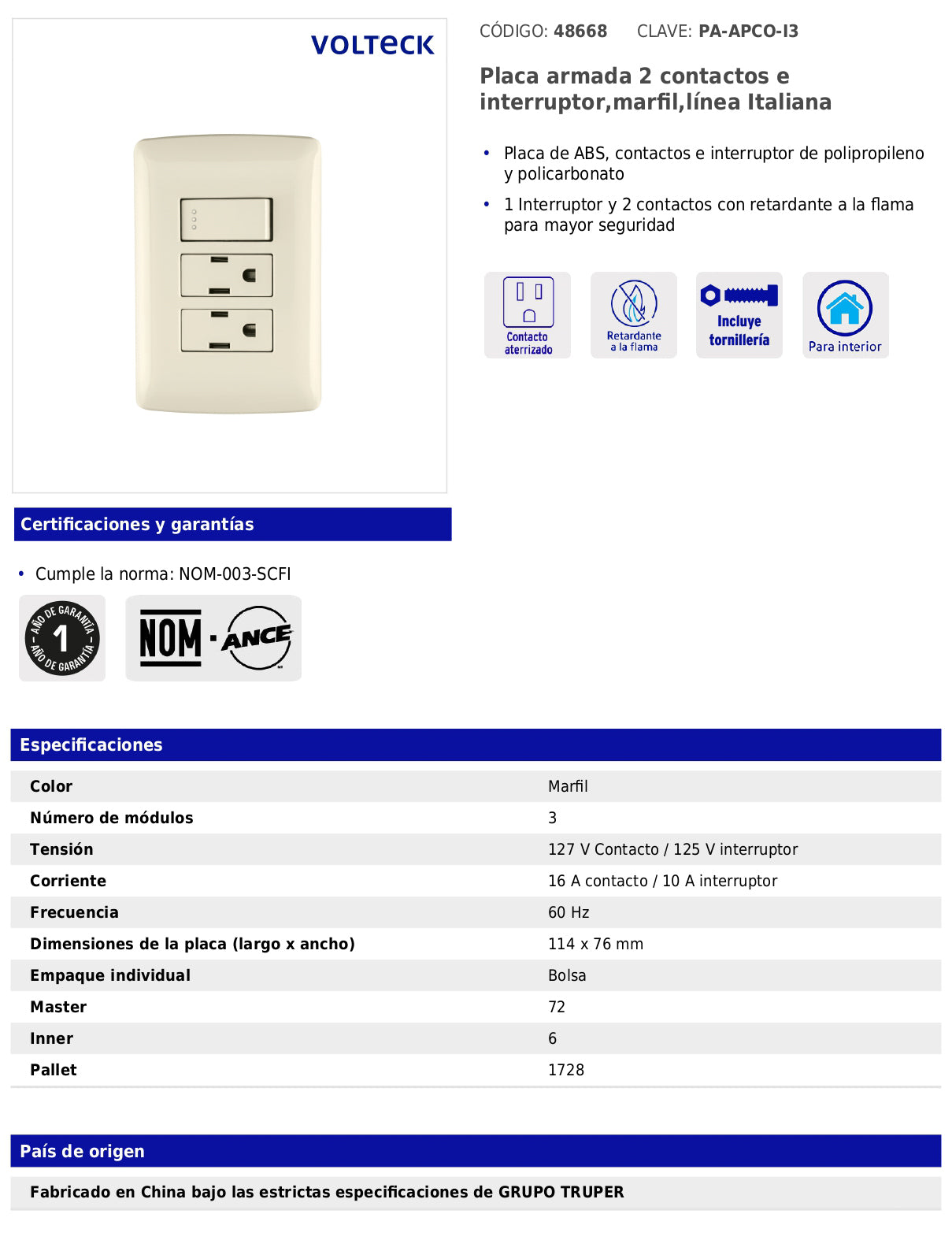 Placa armada con 2 contactos e interruptor de 127 V y 16 A con placa marfil