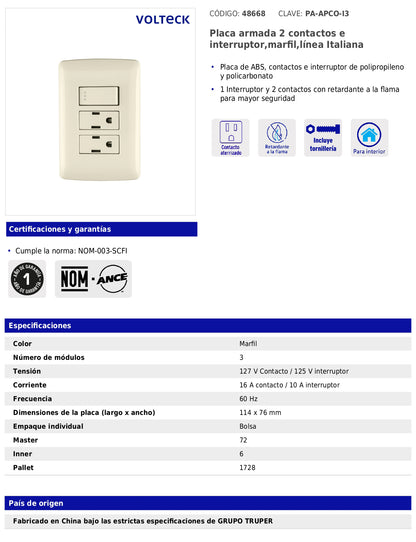 Placa armada con 2 contactos e interruptor de 127 V y 16 A con placa marfil