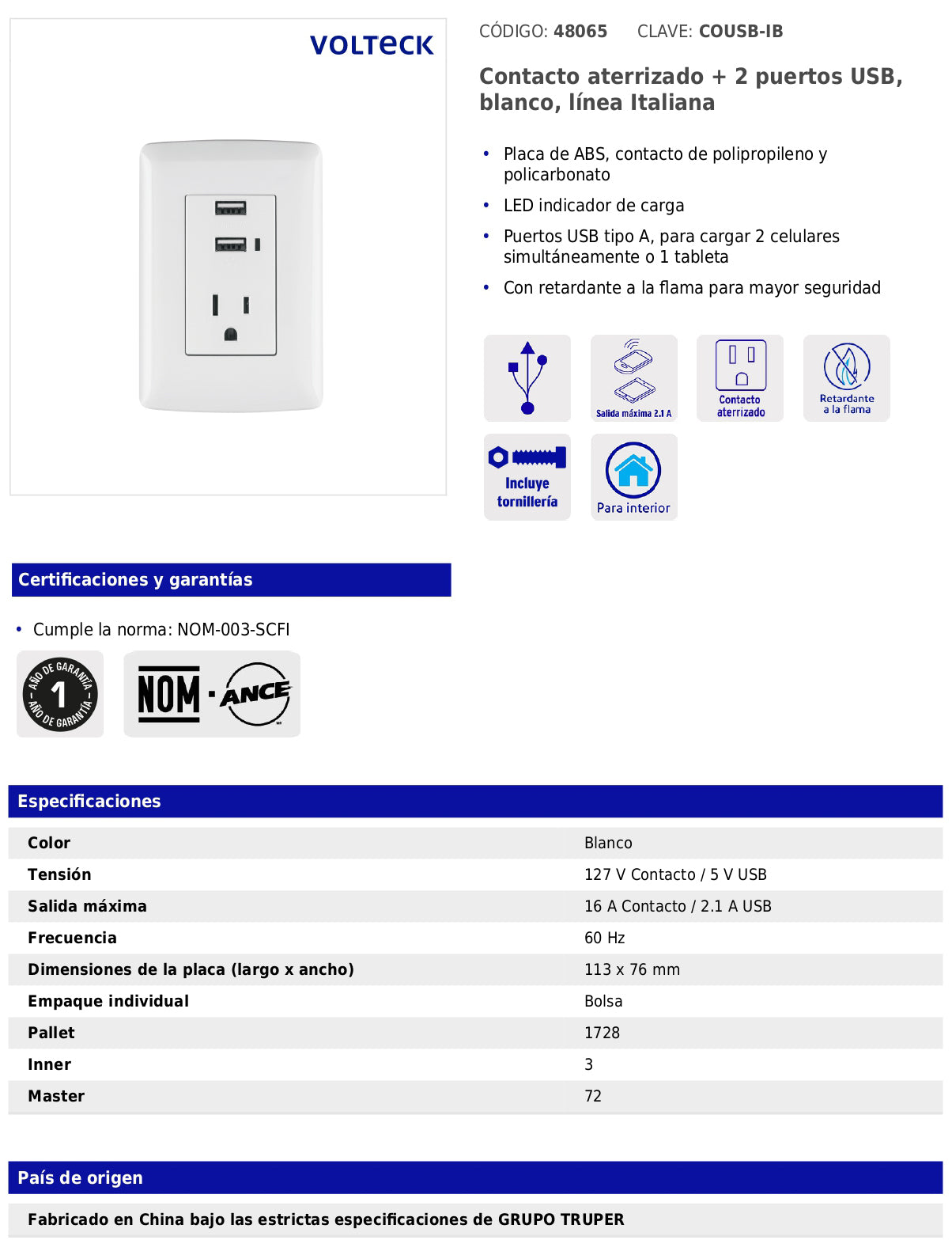 Contacto aterrizado de 127 V con 2 puertos USB y placa blanca