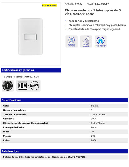 Placa armada con interruptor de 3 vías de línea Basic