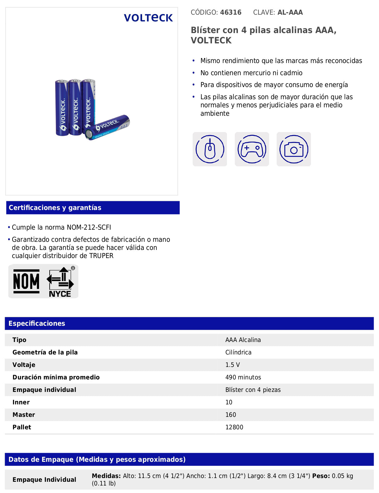 Blíster con 4 pilas alcalinas AAA