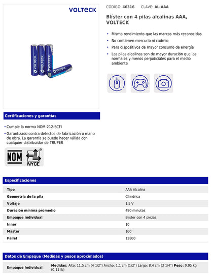 Blíster con 4 pilas alcalinas AAA