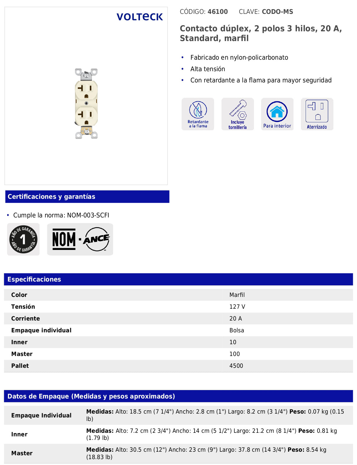 Contacto dúplex de 2 polos y 3 hilos de 20 A de línea Standard