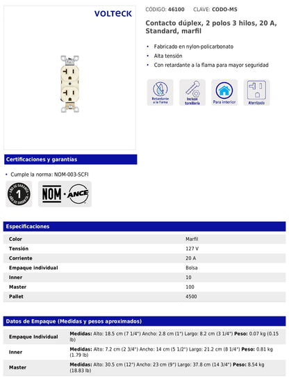 Contacto dúplex de 2 polos y 3 hilos de 20 A de línea Standard