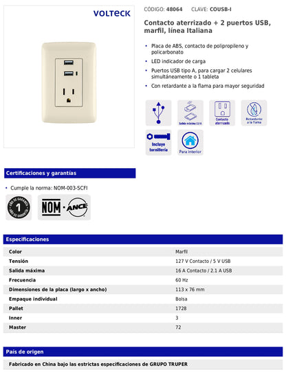 Contacto aterrizado de 127 V con 2 puertos USB y placa marfil