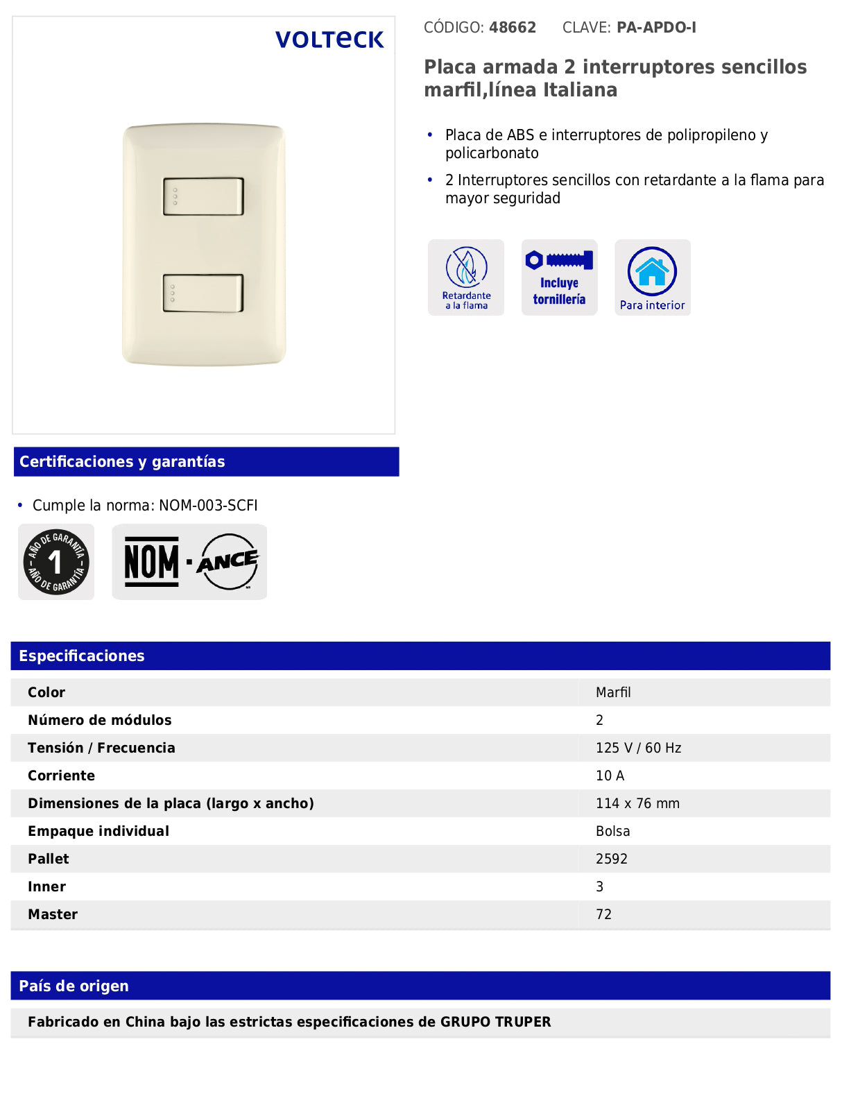Placa armada de 2 interruptores sencillos con línea italiana