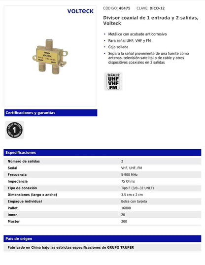 Divisor coaxial de 1 entrada y 2 salidas con conexión tipo F