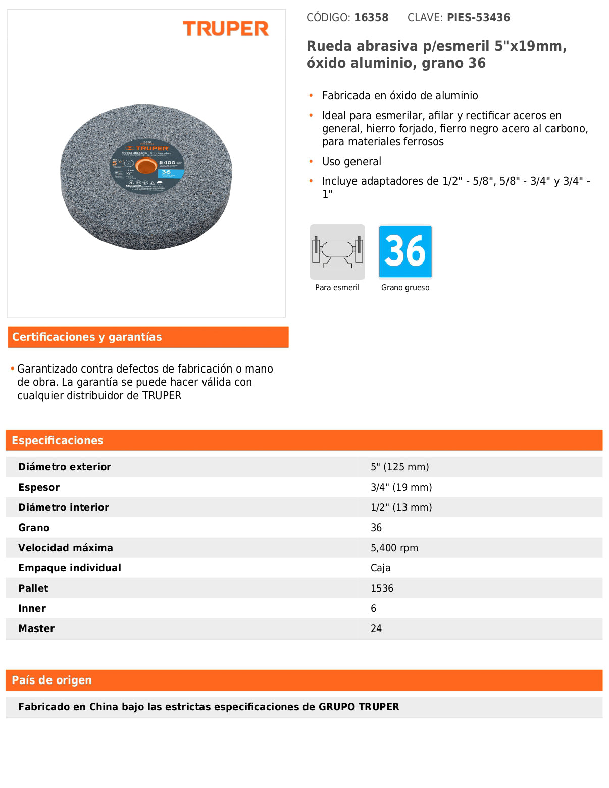 Rueda abrasiva para esmeril de 5" con grano 36